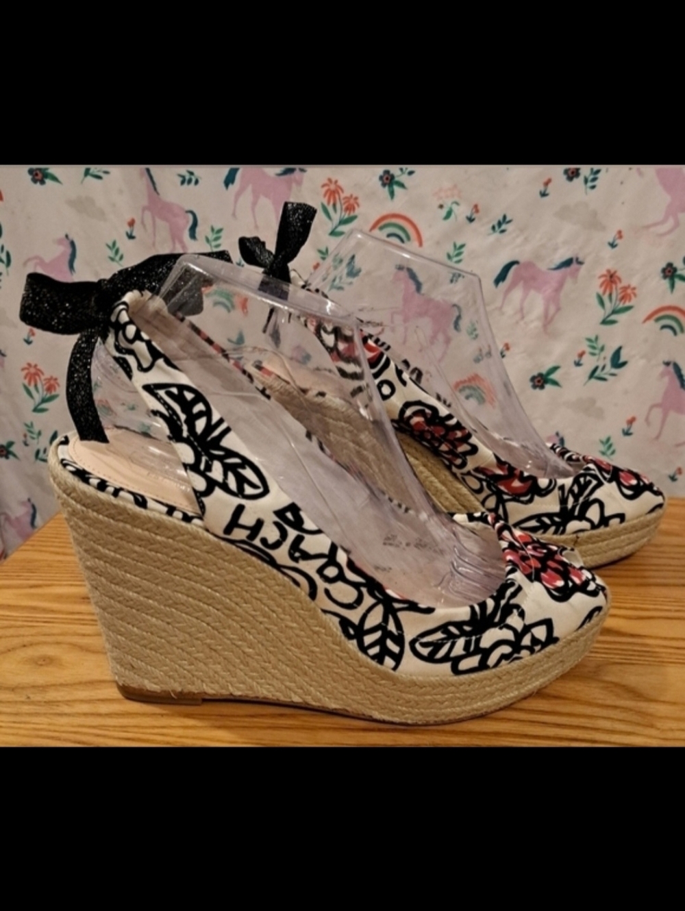 EUC Y2K Coach Poppy Maritza Beige Floral Jute Neutral Boho Heel Wedge Shoe SZ 9B